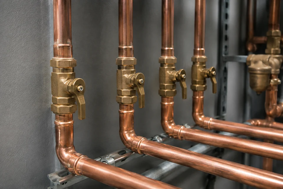 Illustrative copper plumbing and brass valves